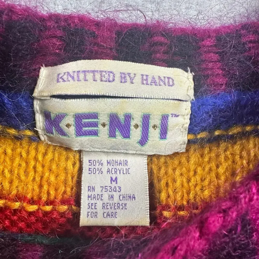 Kenji Hand Knit Sweater Vintage 80s Coogi Style Colorful Medium EUC